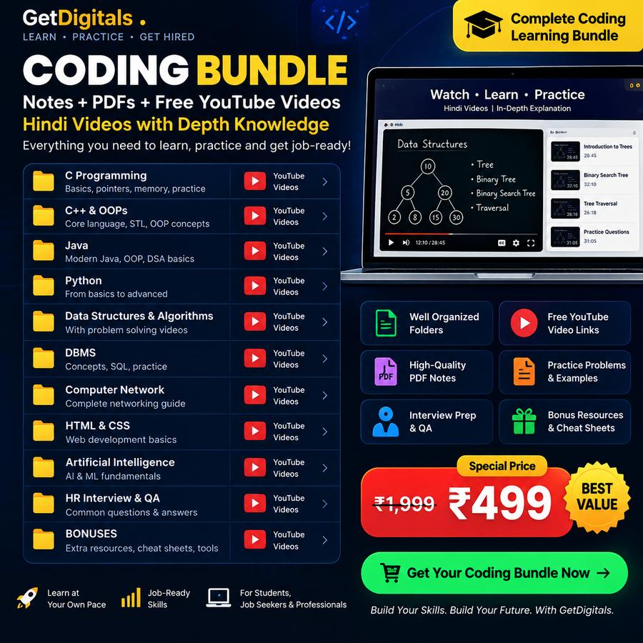 Complete Coding Learning Bundle — Hindi YouTube videos, notes and PDFs by GetDigitals.in
