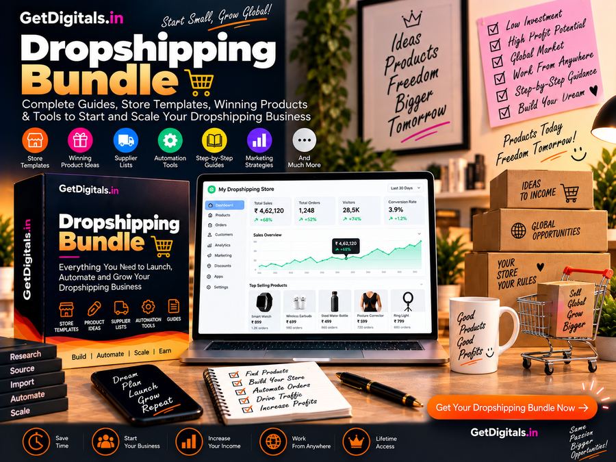 Dropshipping Bundle — store templates, winning products and supplier lists mockup by GetDigitals.in