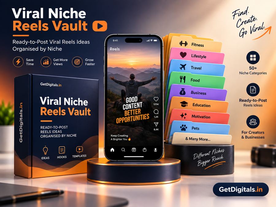 Viral Niche Reels Vault — ready-to-post reels ideas by niche, mockup by GetDigitals.in