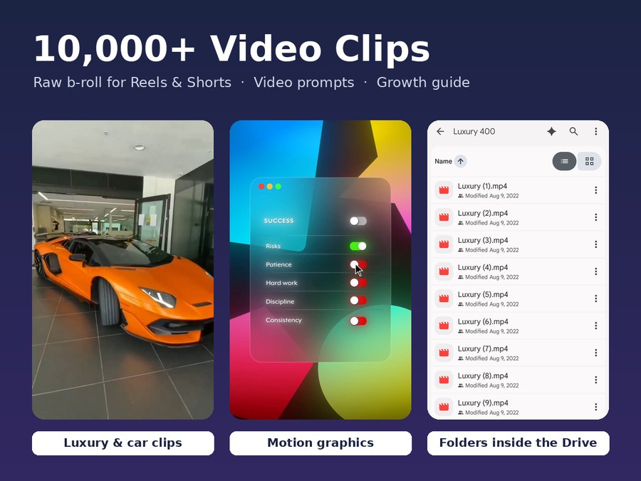 10,000+ Video Clips Bundle preview: luxury car clip, motion graphic and Google Drive clip folders