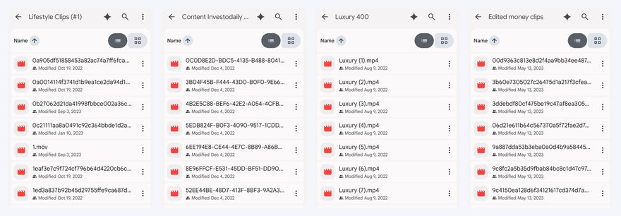Screenshots of Google Drive folders: Lifestyle Clips, Content folder, Luxury 400 and Edited money clips, each holding short raw video clips